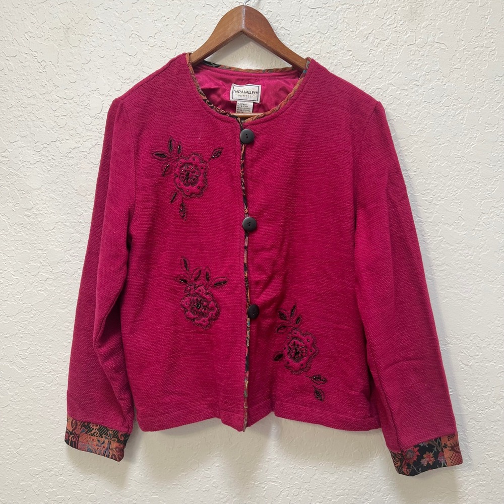 Napa Valley Petites Magenta Pink Floral Beaded Tapestry Trim Cardigan Jacket M